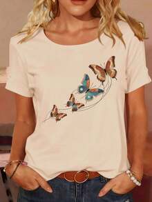 Camiseta de Algodón para Mujer con Estampado Creativo de Letras, Ideal para Primavera y Verano, Ocio al Aire Libre, Fiestas y Vacaciones, Fácil de Combinar. - Albaricoque - Ver 1