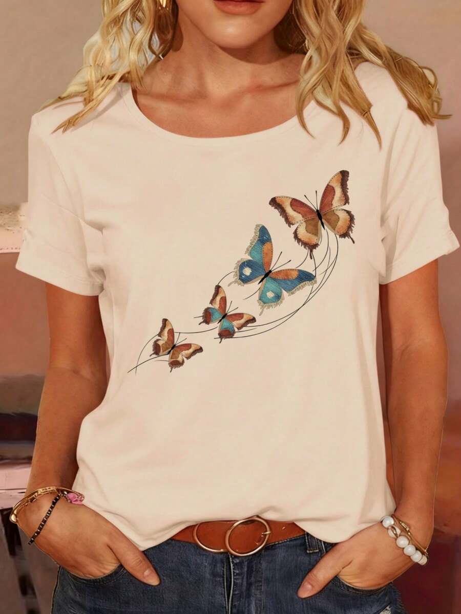 Camiseta de Algodón para Mujer con Estampado Creativo de Letras, Ideal para Primavera y Verano, Ocio al Aire Libre, Fiestas y Vacaciones, Fácil de Combinar. - Albaricoque - Ver 1