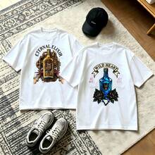 2-piece couple matching pattern T-shirt, 100% cotton, loose fit, soft and breathable, casual round neck short sleeved top Red Rose Heart Pattern Print Design Versatile patterns no picky combinations coordinated dating casual travel simple and cartoonish printing styles high cost-effectiveness Couple - Blanco - Ver 1