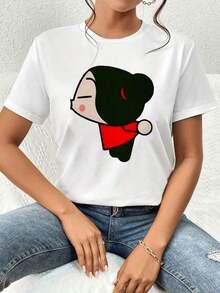 Women's Pucca Graphic Print Casual T-Shirt, Retro Chic Style, Premium Soft Cotton Blend, Casual Everyday Wear, Perfect Birthday Gift For Her. Express Yourself In Comfort And Style! 100% Cotton, Durable. - 白色 - 查看 1