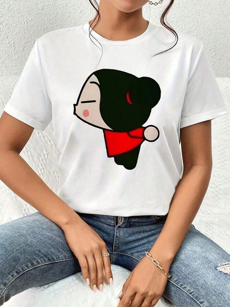 Women's Pucca Graphic Print Casual T-Shirt, Retro Chic Style, Premium Soft Cotton Blend, Casual Everyday Wear, Perfect Birthday Gift For Her. Express Yourself In Comfort And Style! 100% Cotton, Durable. - 白色 - 查看 1