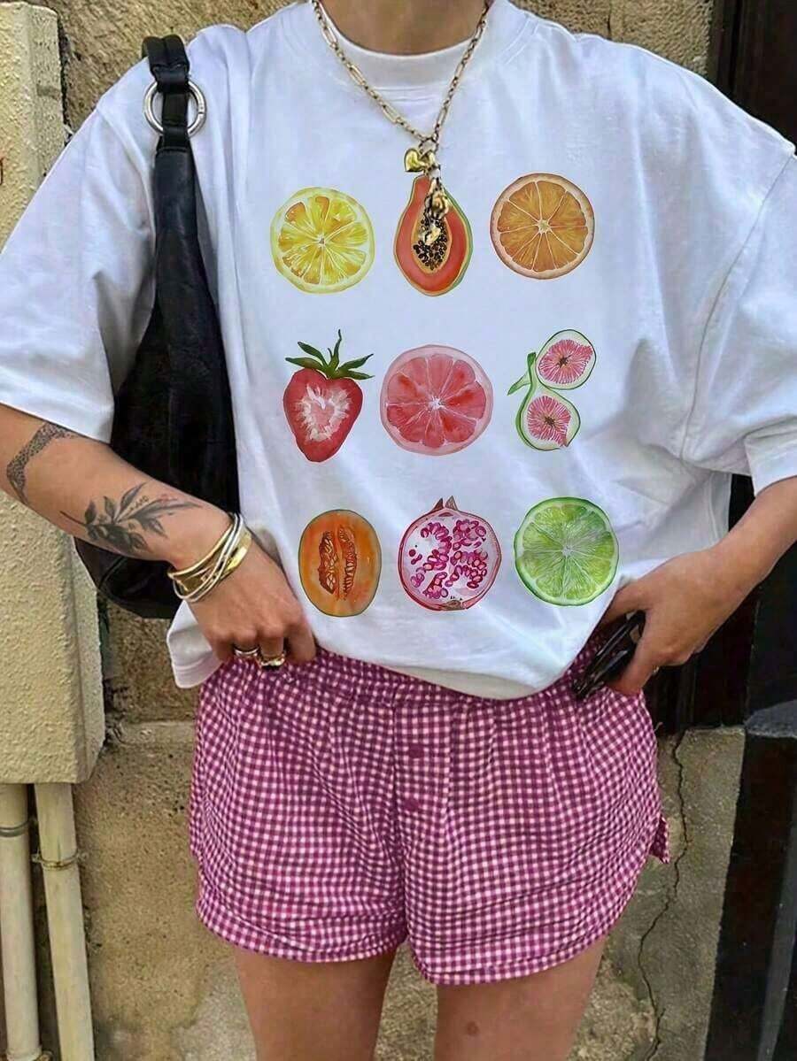Women's Casual Summer T-Shirt, Fruit And Vegetable Print, Round Neck, Drop Sleeves, Ideal For 2026 Vacation, 100% Cotton Summer Clothes For Women, Durable - 白色 - 查看 1