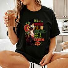Women's Casual Sunflower Print T-Shirt, Chingona Style, Short Sleeve, Graphic Print, Boho Retro Chic Fashion Top, Loose Fit Casual T-Shirt For All Seasons, Elegant Spring Summer 2026 Style, New Style, Ideal Gift For National Day, Christmas, Halloween, 100% Cotton, Durable - 黑色 - 查看 9