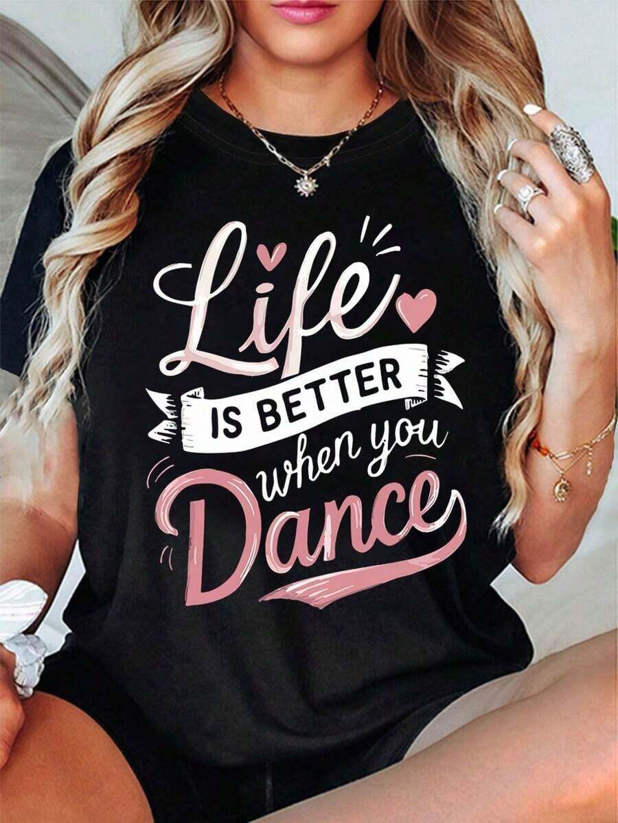Camiseta Negra para Mujer - La Vida Es Mejor Cuando Bailas - Letras Rosadas - Cuello Redondo Suave, Top Casual para Clases de Baile, Ropa Casual - Lavable a Máquina, Camiseta de Primavera Verano, Ropa para Clases de Baile - Negro - Ver 1