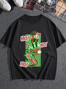Figura alegre con personaje sonriente que sostiene una torre de regalos coloridos y transmite espíritu festivo navideño lleno de energía positiva y diversión camiseta de mujer  suave y cómoda para uso diario - Negro - Ver 3