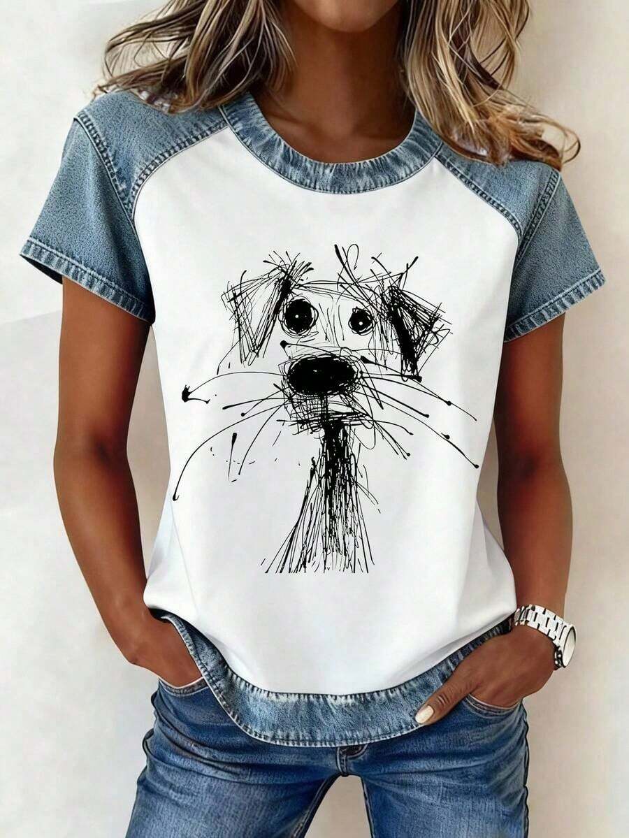 Camiseta de mujer de manga corta con cuello redondo y estampado de dibujos animados, versátil para uso diario - Multicolor 3 - Ver 1