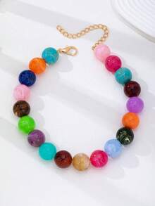 Colorful Swirl Bead Choker Necklace, Boho Style Flat Round Bead Exaggerated Necklace, Retro Multi-Color Resin Bead Chain Necklace For Women, Suitable For Summer, Vacation And Daily Wear - Multicolor - View 5