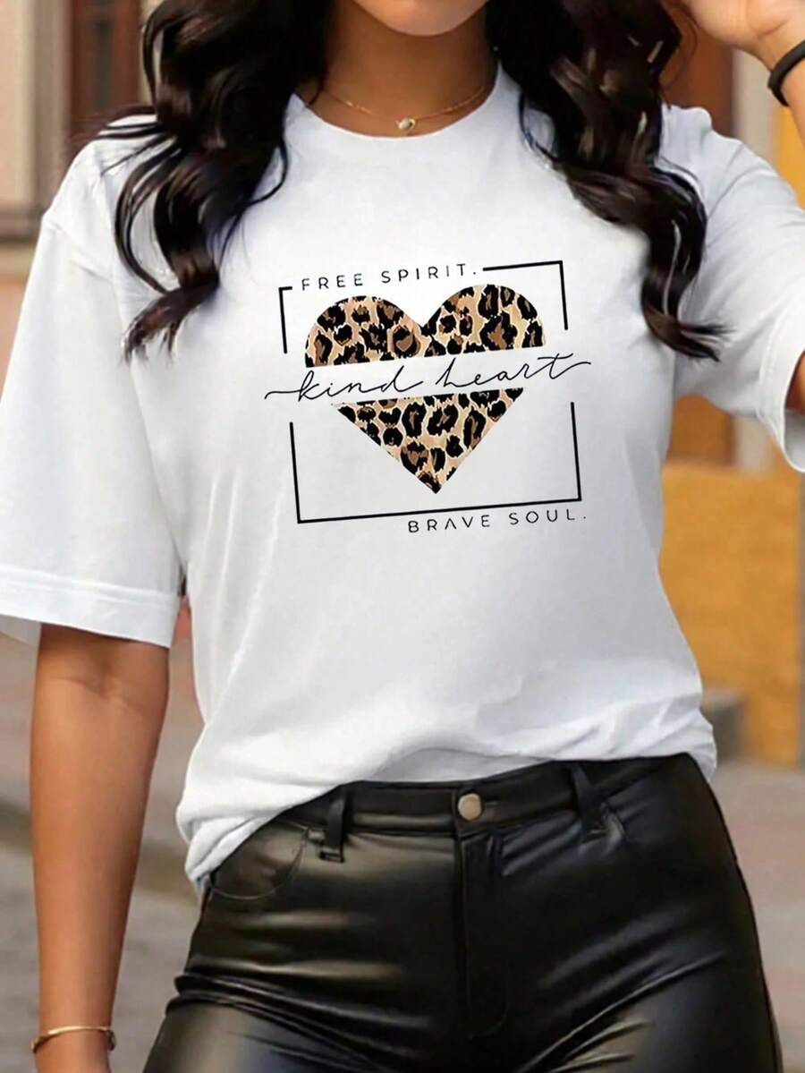 Women's Casual Short Sleeve Round Neck Drop Shoulder T-Shirt With Leopard Heart Print Regular Length - 白色 - 查看 1