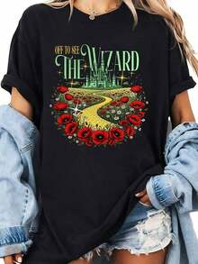 1 Pieza de Camiseta Gráfica Casual de Moda para Hombres y Mujeres con Estampado de El Mago de Oz, Camino de Ladrillos Amarillos y Campo de Amapolas. Camiseta Casual de Talla Grande para Mujer, Versátil, fácil de combinar, adecuada para uso diario, estilo urbano, vacaciones y fines de semana. - Negro - Ver 6