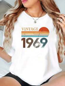 Comfortable Lightweight Printed T-Shirts For Women, 100% Cotton, Vintage 1969 Style, Thick Cotton T-Shirt For Women For Christmas (1 Piece), 100% Cotton, Best-Selling Choice. Loose Versatile Short Sleeve T-Shirt For Women - 白色的 - 查看 1