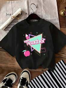 Women's Loose Fit Cotton T-Shirt, Round Neck, Casual Style, With Fun Teacher, Stars And Apples Design, Comfortable For All Seasons, Hand Wash, Women's T-Shirts, Summer Party Clothes, Fun Cartoon Design, Soft Fabric T-Shirt - 白色 - 查看 7