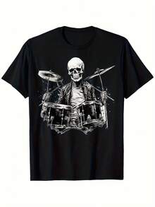 Skeleton Drummer Graphic T-Shirt For Men And Women - 180g Heavyweight 100% Cotton Crew Neck Short Sleeve, Black Music T-Shirt With Drum And Skull Print, Regular Fit For Casual Wear - 黑色 - 查看 1
