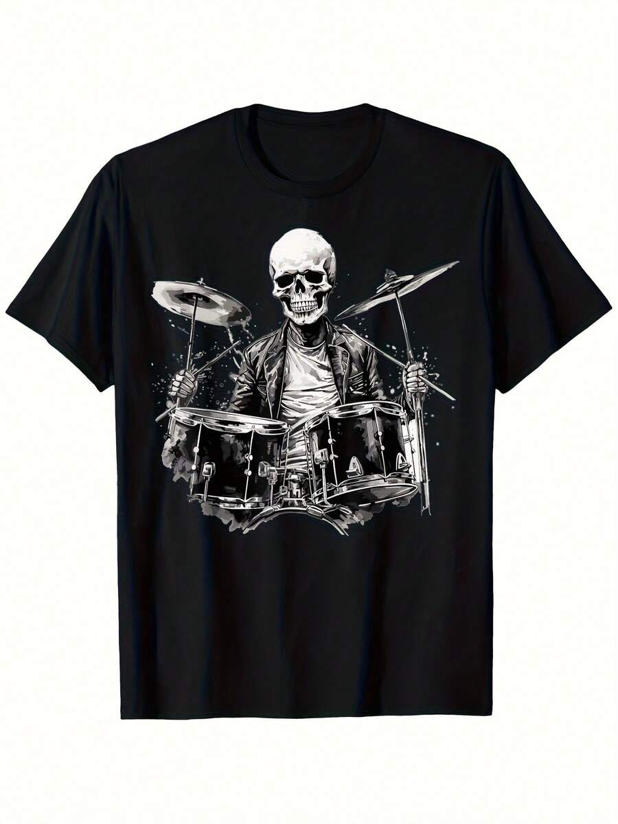 Skeleton Drummer Graphic T-Shirt For Men And Women - 180g Heavyweight 100% Cotton Crew Neck Short Sleeve, Black Music T-Shirt With Drum And Skull Print, Regular Fit For Casual Wear - 黑色 - 查看 1
