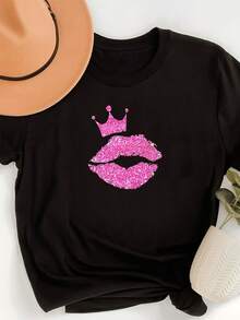 Women's T-Shirt With Glossy Lip Print And Lip Gloss - Black Short-Sleeve Top With Contrasting Lip Color, Casual Blouse For A Year-Round Wardrobe Staple (Machine Washable) - Non-Fashionable T-Shirt For Women's Clothing - 黑色 - 查看 1