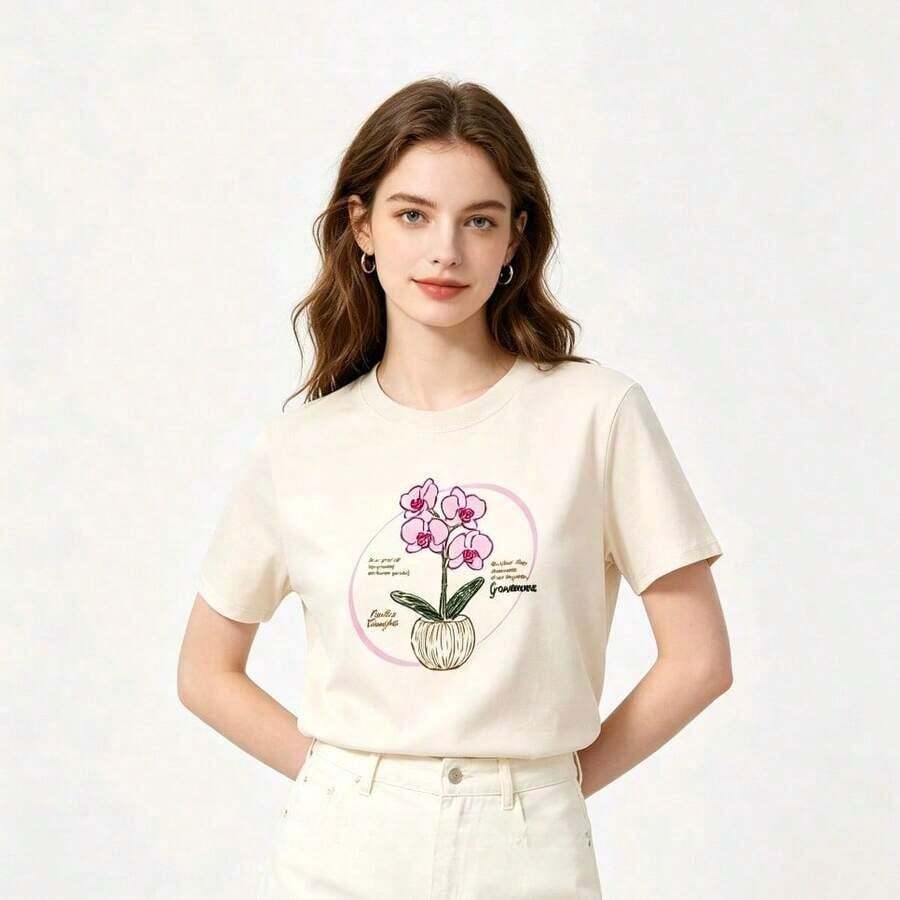 Women's Clothing Summer Sets For Women, Short Sleeve T-Shirt With Hand-Painted Phalaenopsis Print, Unisex, Loose Fit, 100% Cotton Women's Shirts - 杏色 - 查看 1