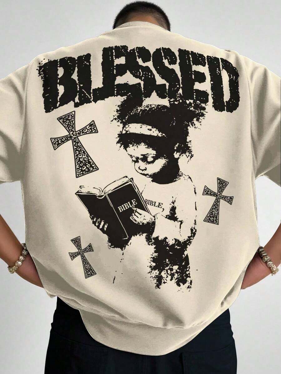 Manfinity Camiseta casual de hombre con estampado de cruz y letras, para verano - Caqui - Ver 1