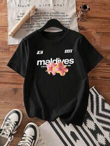 Camiseta Casual de Manga Corta con Cuello Redondo para Mujer, Estampado de Cócteles, Adecuada para el Verano, Playeras de Mujer - Negro - Ver 1