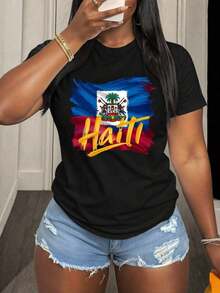 T-Shirt With "Haiti" Letter Print, 100% Cotton, Minimalist Style, Round Neck, Breathable, Comfortable For Everyday Wear - Unisex Vintage Urban Style Short Sleeve Cotton T-Shirt With Round Neck - 黑色 - 查看 6