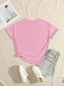 Limited Time Offer, Limited Quantity Available, Lightning, Women's Shirts, Women's T-Shirts. Pink Short-Sleeved T-Shirt With A Casual Summer Letter Print. - 羅莎 - 查看 2