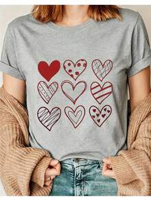 Camiseta de mujer, regalo para el Día de San Valentín, estampado de corazones, elegante y con estilo, diseño moderno en forma de Y, cuello redondo sencillo, cómoda y transpirable, 1i01, top de manga corta con cuello redondo, adecuada para todas las estaciones, blusas casuales y versátiles para dama. - Negro - Ver 7