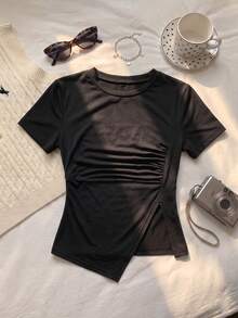 Summer New Asymmetrical Design Minimalist Casual Round Neck Short Sleeve Ruched T-Shirt, Versatile And Fashionable Blouse For Women - Black - View 3