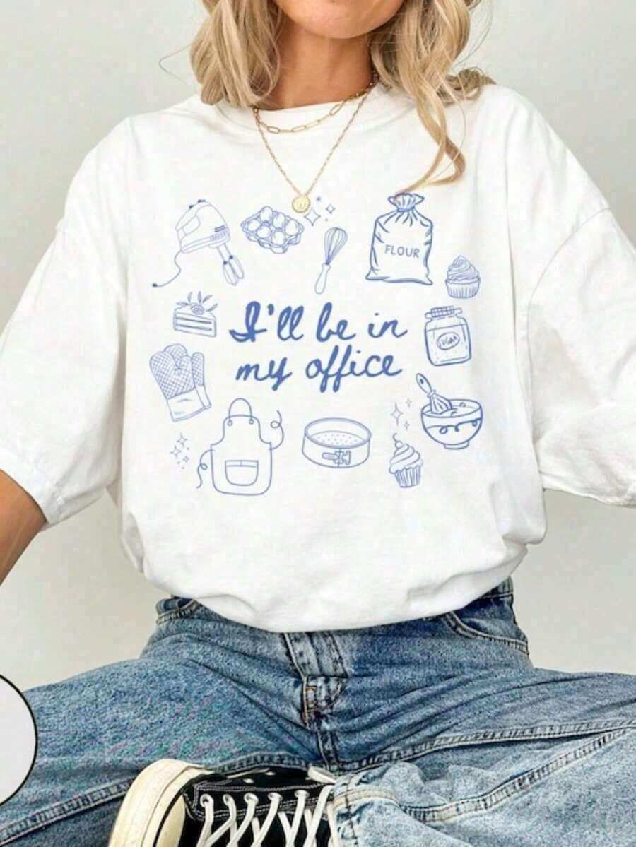 Short-Sleeved Baking T-Shirt, Baker's Cooking T-Shirt, Baking T-Shirts, Gift For Bakers, Cookie Mom T-Shirt, Funny Gift For Home Baker, 100% Cotton Short-Sleeved T-Shirt, Classic Thick Cotton Style, Graphic Print T-Shirt, Casual Short-Sleeved Top For Women, Summer T-Shirt. - 白色 - 查看 1