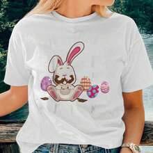 Women's T-Shirt With Print Of A Rabbit Eating Chocolate Eggs: I Would Trade My Wife For Easter Sweets - Short Sleeve T-Shirt - 白色 - 查看 2