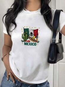 PremiumBandera de México con cactus sombrero botella y chile que simboliza cultura y tradición en camiseta para mujer 100% algodón Eco-Friendly - Blanco - Ver 7