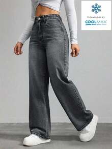 Pantalones vaqueros para mujer de pierna ancha y ajuste holgado con bolsillos para uso diario - Gris - Ver 4