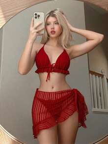 Conjunto de bikini de 3 piezas con tapa de falda, estilo de vacaciones en la playa, para mujer, con bikini halter sin espalda y encaje sexy - Rojo - Ver 9