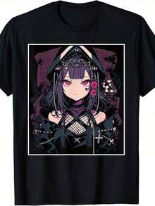 Anime Girl Gothic Waifu T-Shirt, Japanese Aesthetic, Kawaii, Otaku Style, Same Style For Men And Women, Summer 2025, Short Sleeve Printed T-Shirt, Pure Cotton 220G, Loose Fit, Casual And Versatile - 黑色 - 查看 1