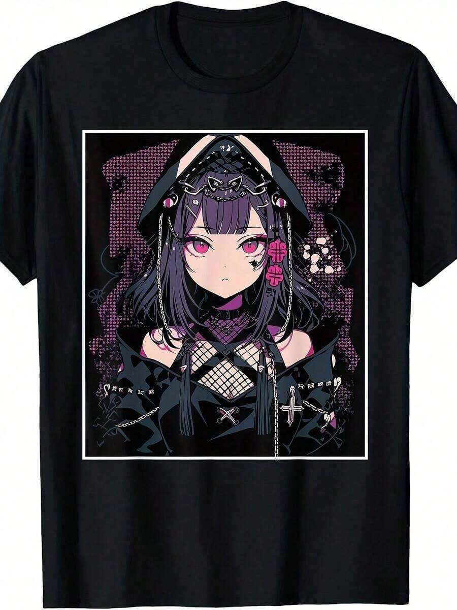 Anime Girl Gothic Waifu T-Shirt, Japanese Aesthetic, Kawaii, Otaku Style, Same Style For Men And Women, Summer 2025, Short Sleeve Printed T-Shirt, Pure Cotton 220G, Loose Fit, Casual And Versatile - 黑色 - 查看 1