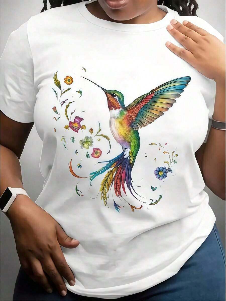 1 Piece Women's White T-Shirt With Hummingbird Floral Print, Shirts, White Blouse, Graphic Tees For Women, Unisex Casual Crew Neck T-Shirt, 220gsm Lightweight Knit Fabric, Machine Washable, For Spring/Summer/Autumn, Valentine's Day, Mother's Day, Easter - 白色的 - 查看 1