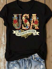 Women's Casual T-Shirt With A Floral Design Celebrating 250 Years Of American Independence, Perfect For Independence Day Celebrations. Also Available: Women's Short-Sleeve Graphic Tees For Easter, Mother's Day, And The 2026 World Cup. - 黑色 - 查看 6