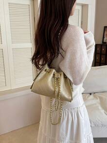 Rhombus Pattern Women's Large Capacity Shoulder Crossbody Drawstring Bucket Bag, Commuter Handbag - Gold - View 5