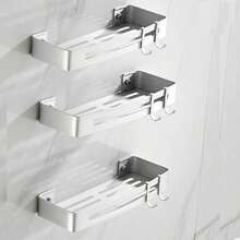 Organizador de Baño Montado en la Pared con 3 Estantes sin Perforaciones y 6 Ganchos a Prueba de Óxido Adecuado para el Baño la Cocina y el Aseo Plata - como en la imagen - Ver 7