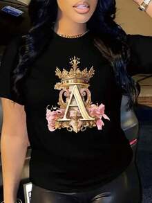 1 Piece Of Crown Print Round Neck T-Shirt, Casual Short Sleeve Top For Spring And Summer, Women's Clothing, 180g 100% Cotton. - 黑色 - 查看 8