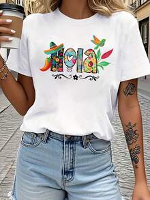 Women's Mexican Style "Hola" T-Shirt With Colorful Letter Print, Casual Short Sleeve Round Neck T-Shirt, Summer Clothes For Women, Women's Tops - 白色 - 查看 7
