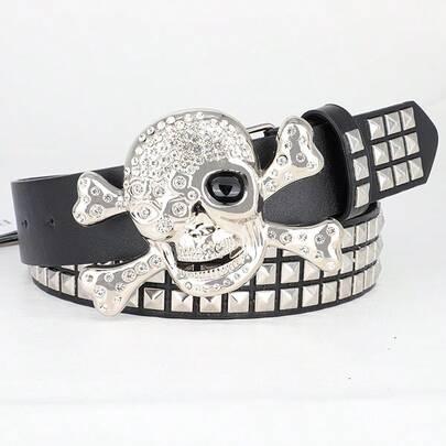 Unisex Dark Punk Style Skull Buckle Belt, European And American Retro Metal Double Buckle Leather Belt, Rivet Decoration For Jeans, Versatile Hip-Hop Accessory