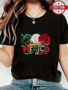 Women's Short Sleeve Blouse, One Piece, Beautiful Blouses For Women, Women's Clothing Sets, Mexico Image, 180G T-Shirt, Black And White, Floral Print, High Quality, Round Neck, Basic Fit, Loose, Breathable, Versatile, Machine Washable, Comfortable, Size S-3XL, Daily, Casual, Sporty, Summer Essential. Leisure - 黑色 - 查看 7