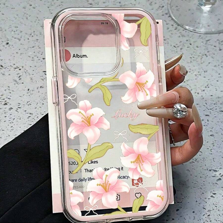 A Large-Hole Solid Color Lucky Pink Lily And Bow Print High-Quality Comfortable-Feel Phone Case, Simple Transparent Pink Frame Two-In-One Phone Protective Case, Suitable For IPhone 11/12/13/14/15/16/16 Pro Max/12 Pro/13 Pro/14 Pro/15 Pro/16 Pro/14 Plus/15 Plus/16 Plus/12 Pro Max/13 Pro Max/14 Pro Max/15 Pro Max/16 Pro Max, High-End Feel Girls' Phone Case, Compatible With IPhone 17/17 Pro/17 Pro Max/Air Latest Apple Phone Cases - Multicolor - View 1