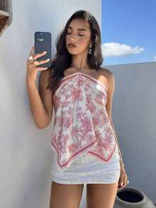 Blusa de mujer elegante con cuello de halter, estampado de tinte anudado y gasa para vacaciones en la playa - Rosa vieja - Ver 4