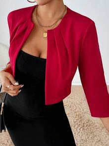 Blazer corto de mujer con abertura frontal, chaqueta elegante de unicolor para el trabajo o atuendos elegantes en otoño/invierno - Rojo - Ver 4