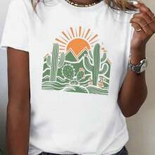 Camiseta de mujer - Camiseta blanca con estampado de cactus y paisaje desértico del suroeste - Camiseta casual de manga corta, suave y transpirable, con diseños de cactus verdes y paisajes desérticos, adecuada para ropa de estilo suroeste (lavable a máquina) para uso casual. - Blanco - Ver 6