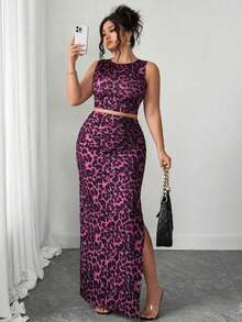 Conjunto de dos piezas de top de tirantes y falda con estampado de leopardo talla grande, sexy pero apropiado para el uso diario y el transporte - Rosa Fucsia - Ver 6