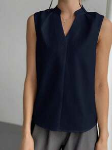 Blusa de cuello en V elegante y chic para oficina con diseño simple y detalles femeninos, blusas sin mangas - Azul marino - Ver 6