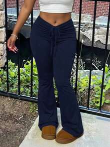 Nuevos Pantalones Acampanados De Talle Alto Con Envoltura En Color Sólido Simple Para Verano 2024 - Azul marino - Ver 3