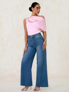 Blusa de mujer con hombro asimétrico con volantes de satén, elegante y casual para fiesta, ir al trabajo y uso diario, estilo francés de primavera/verano con un solo hombro descubierto - Rosa - Ver 3