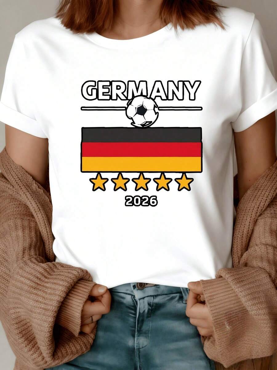 German-Inspired Flag With A Soccer Ball, A Symbol Of Passion And National Pride, Alongside Golden Stars Representing Strength And Dedication. Comfortable, Modern Casual Women's T-Shirt. - 白色 - 查看 1