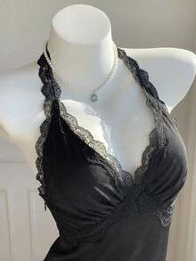 Top halter sin espalda con parches de lunares y encaje para mujer - Negro - Ver 1